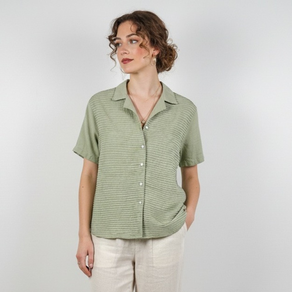 Ravel Sage Green Ramie Button Front Shirt Women's 1X Textured Short Sleeve Top